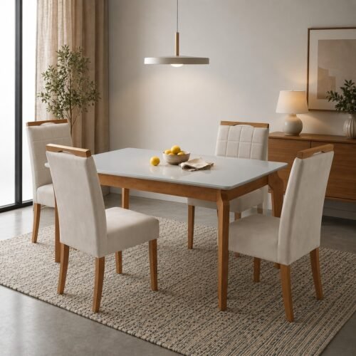 Mesa Atos 100 (Tampo 18 mm) Mel/Off White com 4 Cadeiras Las Vegas Veludo Bege 01 – VIEIRA DECOR + OURO DECOR