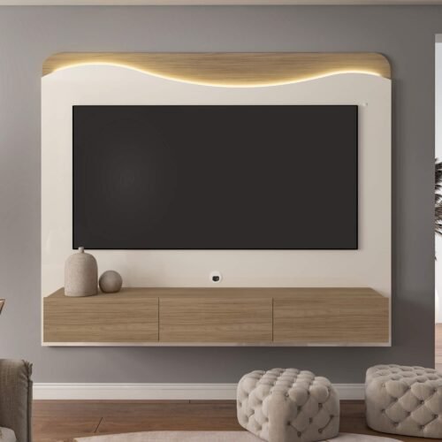 Painel Lumiere c/Led + Nicho 03 Gavetas 2.00m - Off White/Carvalho