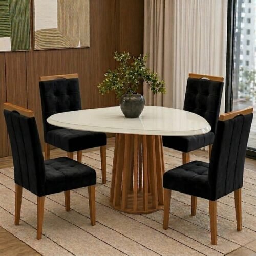 Mesa Lavanda BA45 135 Canela/Off White com 4 Cadeiras Sophia Veludo Preto - KAPPESBERG + WM DECOR