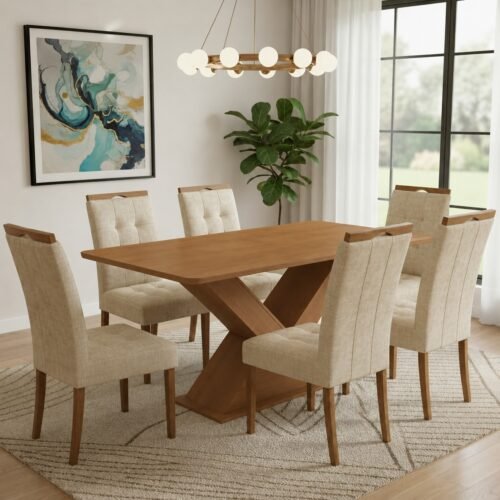 Mesa Amora BA35 160 (S/Vidro) Canela com 6 Cadeiras Sophia Linho Bege 200 – KAPPESBERG + WM DECOR
