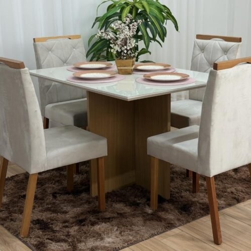 Mesa de Jantar Helo 1.20x0.90 Com 4 Cadeiras Jasmim - Freijó/Off White/Bege Veludo