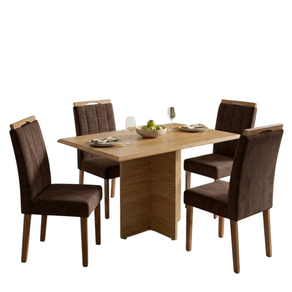 Mesa Pérola 120 Imbuia Mel (Tampo Viena s/vidro) com 4 Cadeiras Las Vegas Veludo Marrom 17 – CARVALHO DECOR + OURO DECOR - Imagem 2