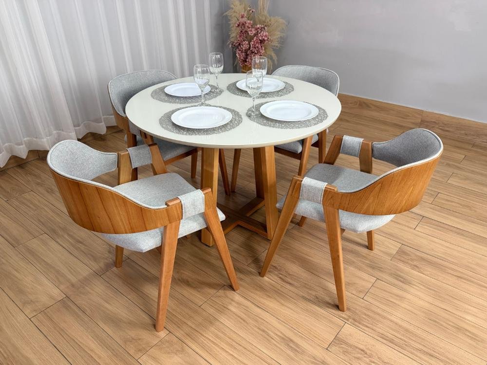 Mesa de Jantar Bali Circular 1.10x1.10m c/4 Cadeiras Pérola - Cinamomo/Off White/Cinza Linho - Imagem 3