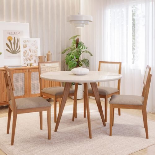 Mesa Redonda Acerola 109 (C/Vidro) Madeira/Off White com 4 Cadeiras Palmas Linho Bege – CIMOL