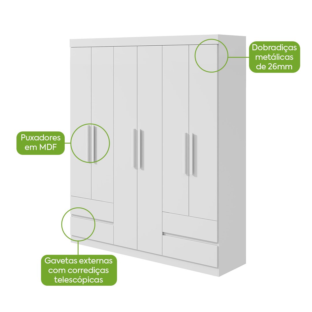 Guarda-Roupa 6 Portas Zeus 1,77 m Branco - LOPAS - Imagem 3
