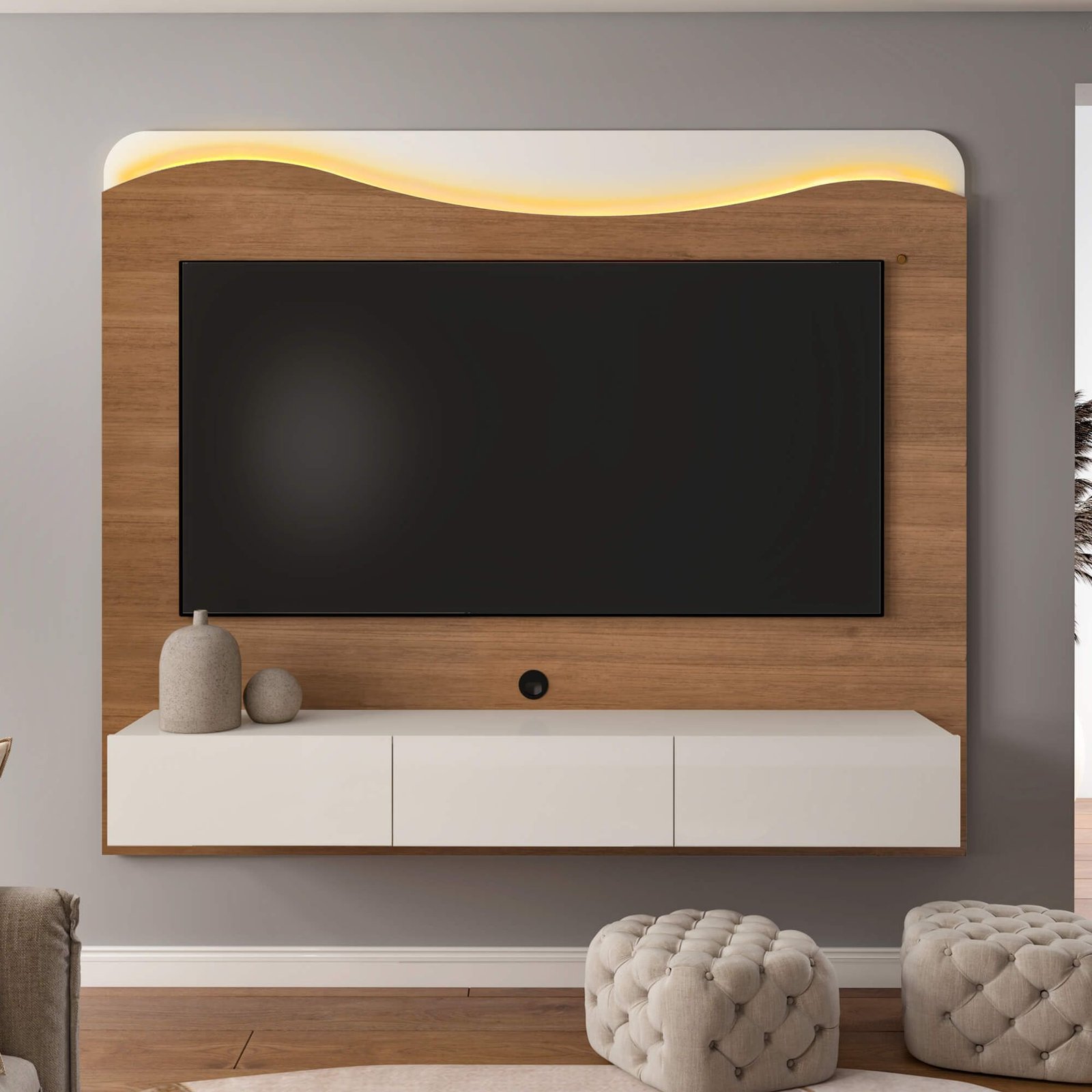Painel Lumiere c/Led + Nicho 03 Gavetas 2.00m - Cinamomo/Off White