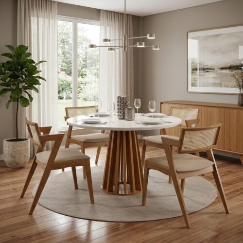 Mesa Berlim 100 Cinamomo/Off White com 4 Cadeiras Zeus Linho Bege – CEL MÓVEIS + SALA VIP MOVELARIA