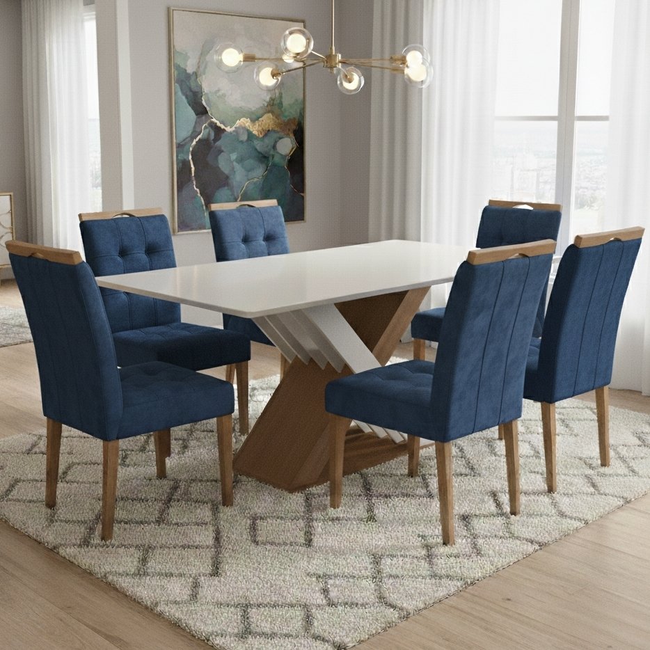 Mesa Graviola BA29 160 Canela/Off White com 6 Cadeiras Sophia Veludo Azul – KAPPESBERG + WM DECOR
