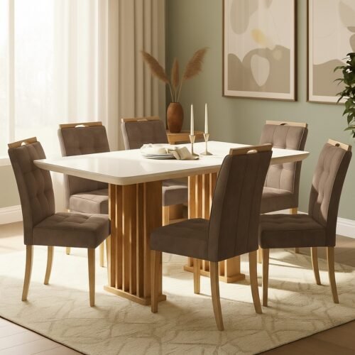 Mesa Mona/Munique 160 Mel/Blonde Off White com 6 Cadeiras Sophia Veludo Marrom – VIERO + WM DECOR