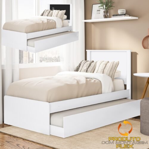 Cama Solteiro Barcelona + Auxiliar Branco/Preto/Branco - TEBARROT DO BRASIL