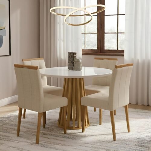 Mesa Redonda Berlim 100 Cinamomo/Off White com 4 Cadeiras Sophia Veludo Linho Bege 200 – CEL MÓVEIS + WM DECOR