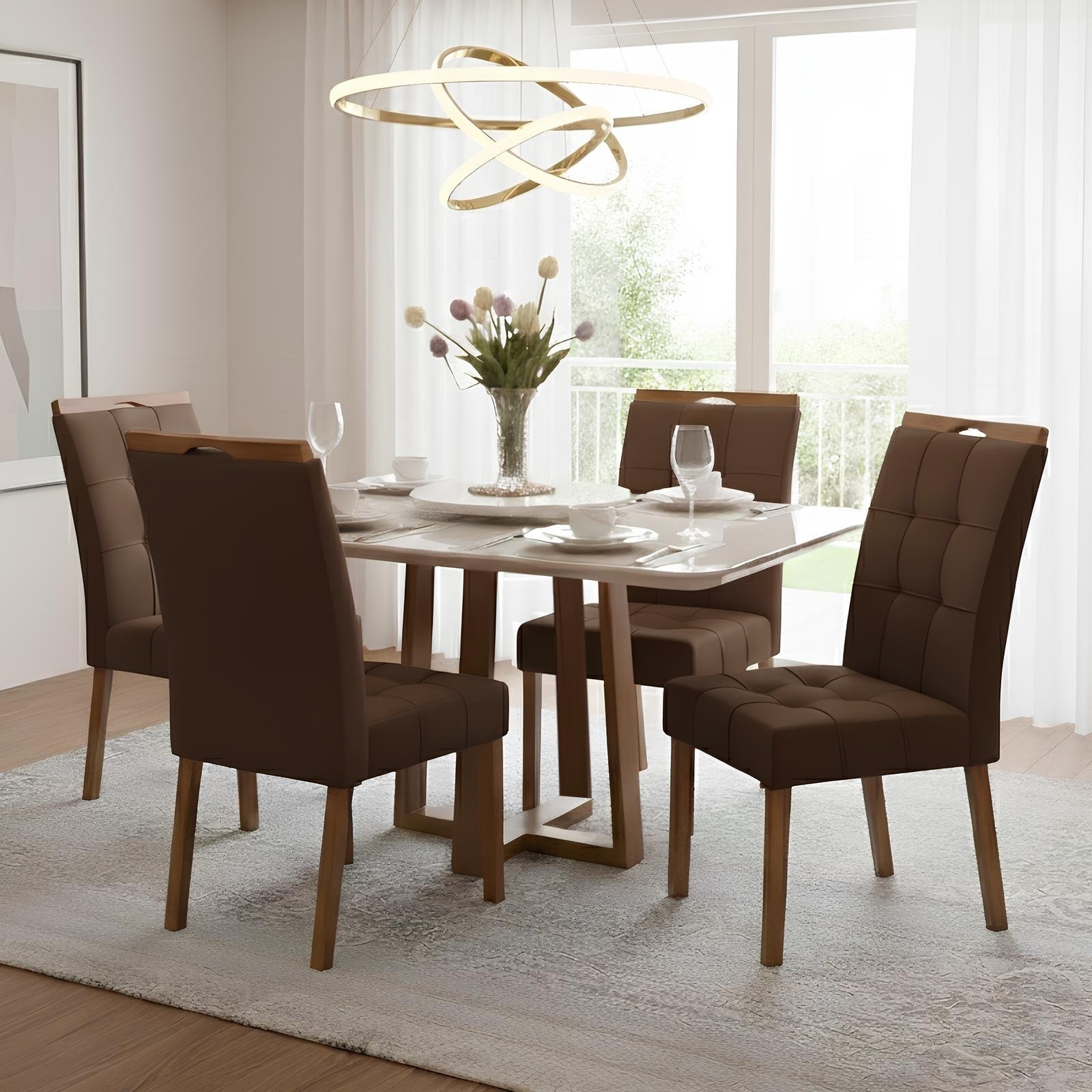 Mesa Pedro 120 Mel/Off White com 4 Cadeiras Sophia Veludo Marrom – ART ASSENTOS + WM DECOR