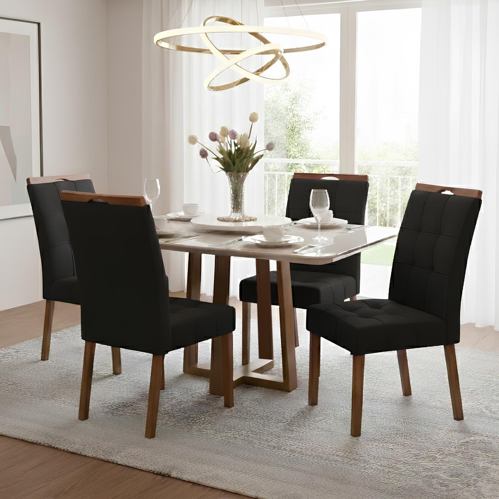 Mesa Pedro 120 Mel/Off White com 4 Cadeiras Sophia Veludo Preto – ART ASSENTOS + WM DECOR