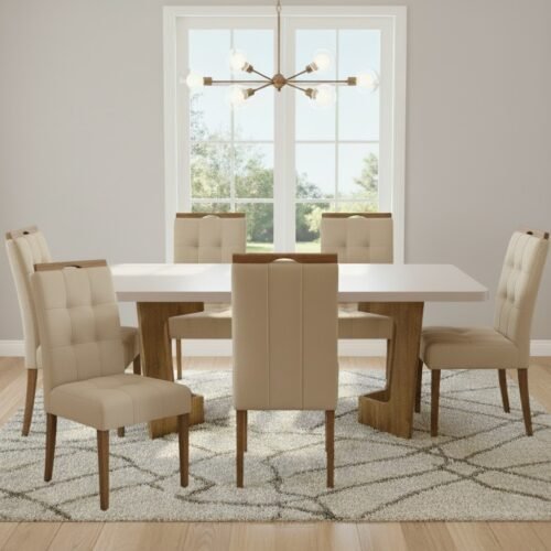 Mesa Liz 160 (Tampo 40 mm) Cinamomo/Off White com 6 Cadeiras Sophia Veludo Bege – VALDEMÓVEIS + WM DECOR