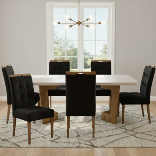 Mesa Liz 160 (Tampo 40 mm) Cinamomo/Off White com 6 Cadeiras Sophia Veludo Preto – VALDEMÓVEIS + WM DECOR