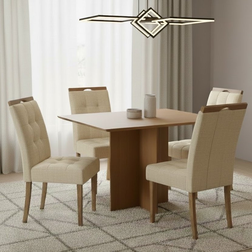 Mesa Pérola 120 Imbuia Mel (Tampo Viena s/vidro) com 4 Cadeiras Sophia Linho Bege 200 – CARVALHO DECOR + WM DECOR