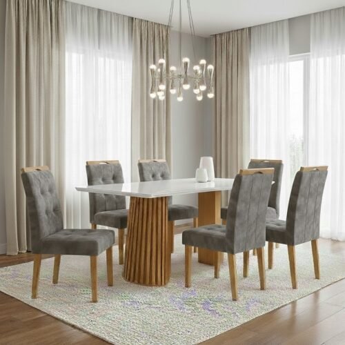 Mesa Nevada 170 (Tampo Smart Plus) Cinamomo/Off White com 6 Cadeiras Sophia Veludo Cinza Grafite – CEL MÓVEIS + WM DECOR
