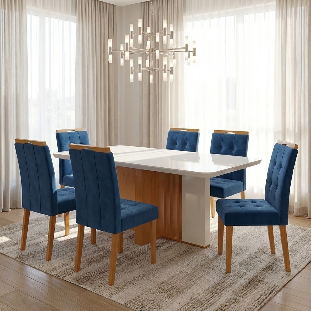 Mesa Astrid (Tampo Maxi) 170 Amêndoa Clean/Off White com 6 Cadeiras Sophia Veludo Azul – LOPAS + WM DECOR