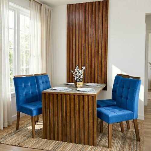 Mesa Cancun 120 Cinamomo/Off White com 4 Cadeiras Sophia Veludo Azul – CEL MÓVEIS + WM DECOR