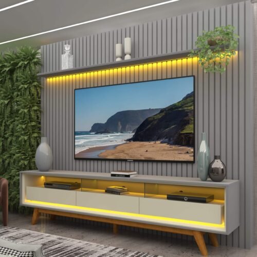Painel até 85″ Nobre 230 Cinza + Rack Requinte 212 Cinza/Off White – GELIUS