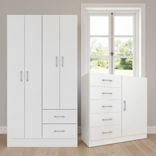 Guarda-Roupa 4 Portas Panamá 4002 + Cômoda 5 Gavetas Sapateira Miami Branco - FELLICCI