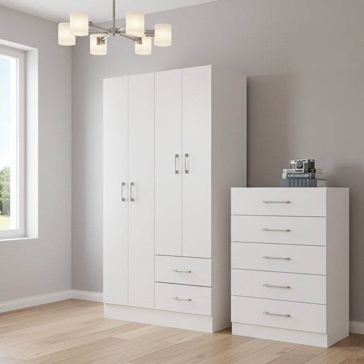 Guarda-Roupa 4 Portas Panamá 4002 + Cômoda 5 Gavetas Aruba Branco – FELLICCI