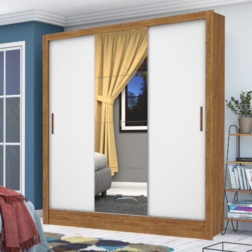 Guarda-Roupa 3 Portas Dubai/Santiago Plus (1 porta espelhada) 1,79 m Cinamomo/Branco - CARIOCA MÓVEIS