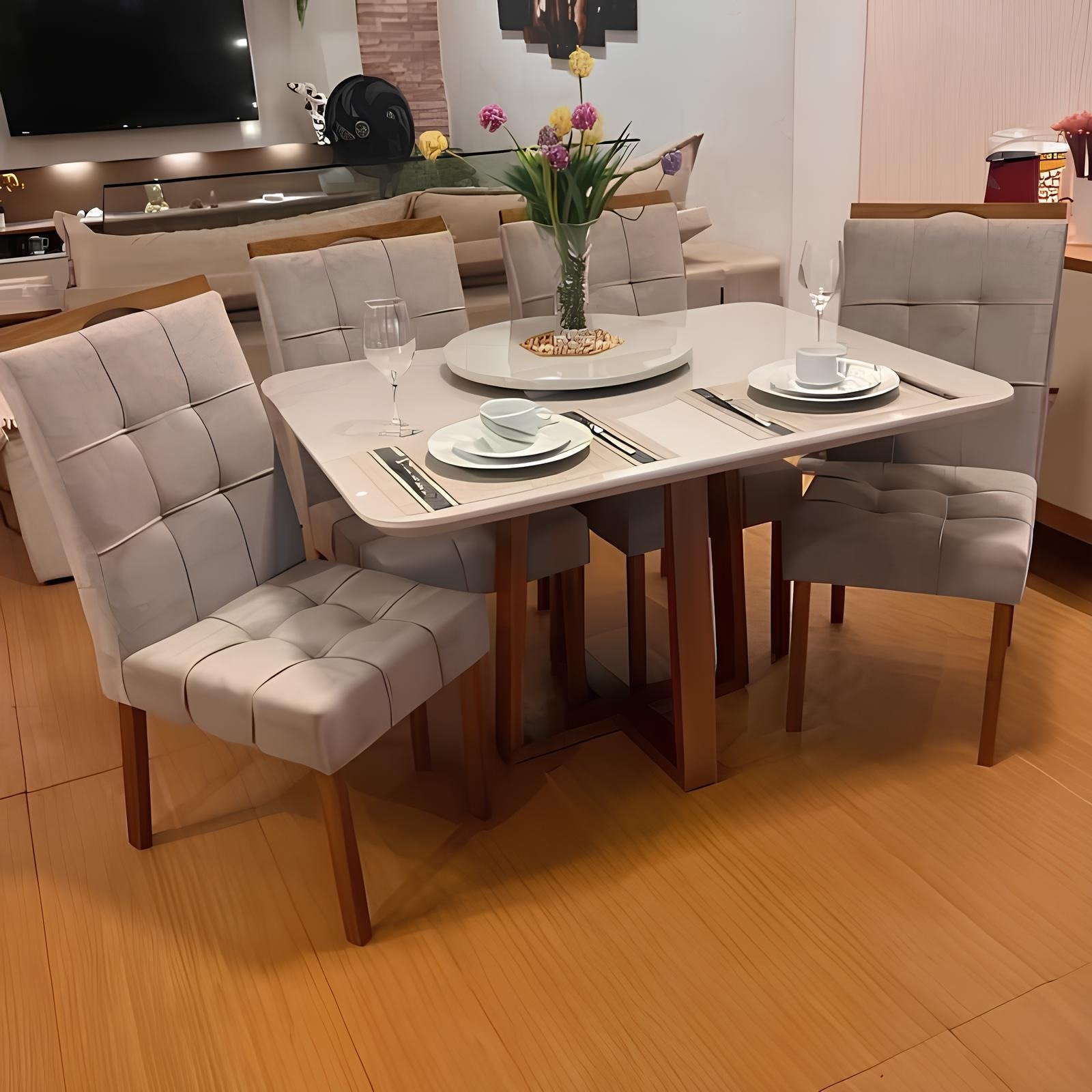 Mesa Pedro 90 Mel/Off White com 4 Cadeiras Sophia Veludo Bege – ART ASSENTOS + WM DECOR - Imagem 3
