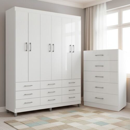 Guarda-Roupa 6 Portas Paraty 3690 + Cômoda 5 Gavetas Aruba Branco - FELLICCI