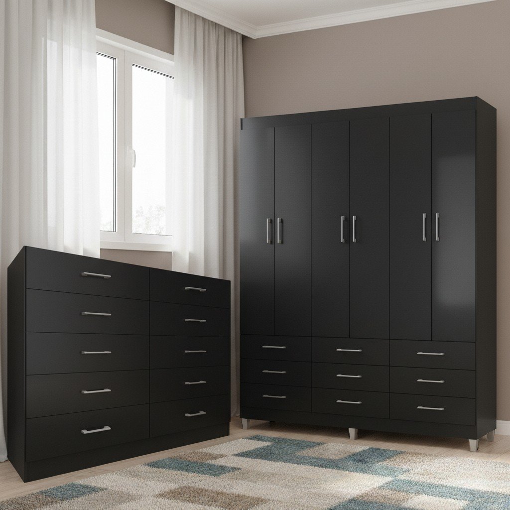 Guarda-Roupa 6 Portas Paraty 3690 + Cômoda 10 Gavetas Caribe Preto - FELLICCI