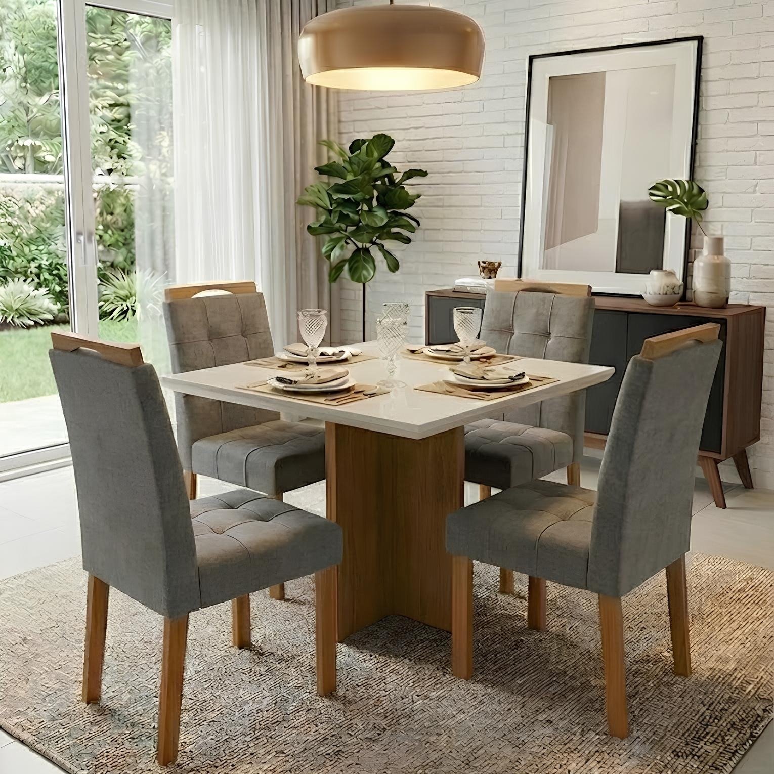 Mesa Salinas 90 (Tampo Dakota c/ vidro) Cinamomo/Off White com 4 Cadeiras Sophia Veludo Cinza Grafite – CEL MÓVEIS + WM DECOR