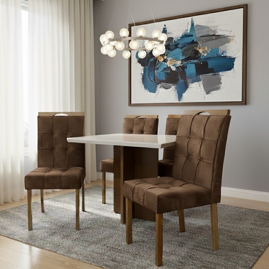 Mesa Salinas 90 (Tampo Dakota c/ vidro) Cinamomo/Off White com 4 Cadeiras Sophia Veludo Marrom – CEL MÓVEIS + WM DECOR - Imagem 3
