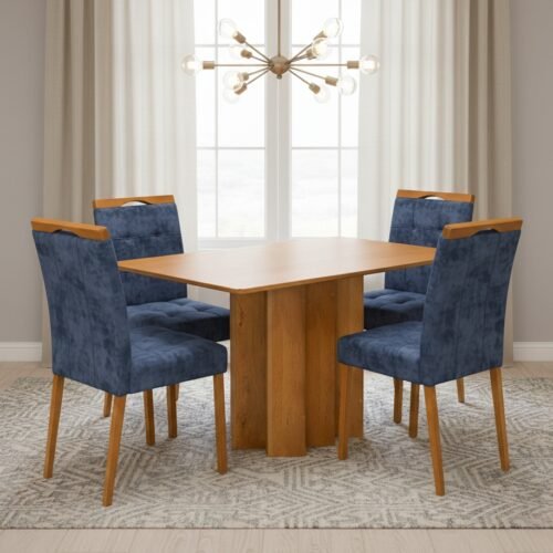 Mesa Recife 120 Cinamomo Laminado com 4 Cadeiras Sophia Veludo Azul – CEL MÓVEIS + WM DECOR