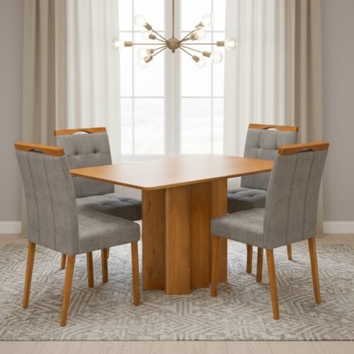 Mesa Recife 120 Cinamomo Laminado com 4 Cadeiras Sophia Veludo Cinza Grafite – CEL MÓVEIS + WM DECOR