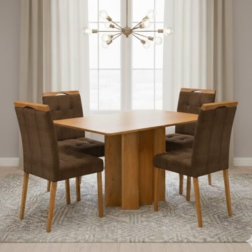 Mesa Recife 120 Cinamomo Laminado com 4 Cadeiras Sophia Veludo Marrom – CEL MÓVEIS + WM DECOR