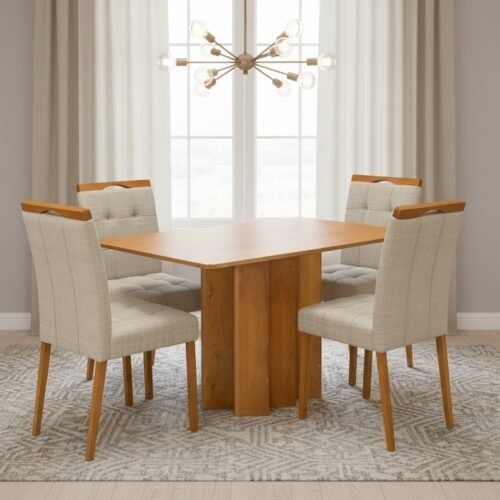 Mesa Recife 120 Cinamomo Laminado com 4 Cadeiras Sophia Linho Bege 200 – CEL MÓVEIS + WM DECOR