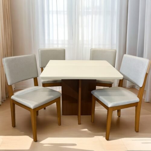 Mesa Salinas 90 Cinamomo/Off White com 4 Cadeiras Pérola Linho Cinza Prata – CEL MÓVEIS + DOBUÊ MOVELARIA