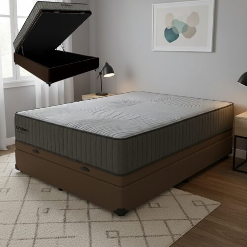 Colchão Casal Exclusive Foam HR 33 + Base Box Baú Corino Marrom – ORTOBOM + BIOSTAR