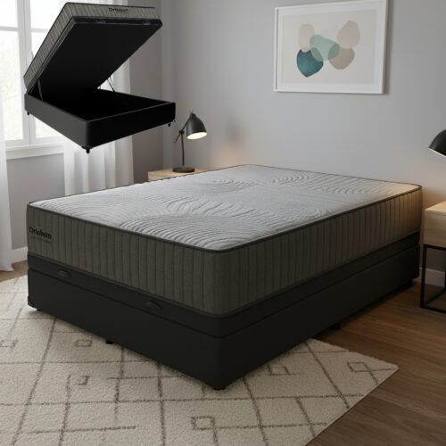 Colchão Casal Exclusive Foam HR 33 + Base Box Baú Corino Preto – ORTOBOM + BIOSTAR