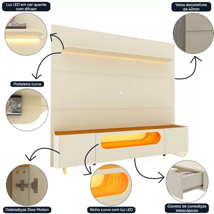 Painel até 85″ Royal 220 Off White + Rack Nobre 210 (Pés de Madeira) Off White/Naturale – GELIUS - Imagem 3