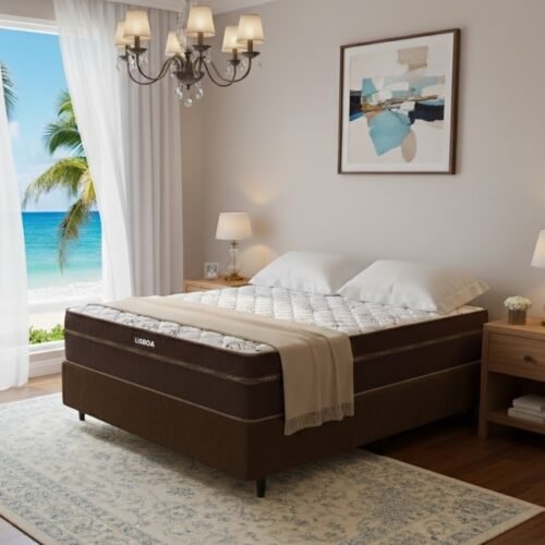 Colchão Casal Lisboa 24 cm D28 Molas Ensacadas + Base Simples Corino Marrom – ECOTEC + BIOSTAR