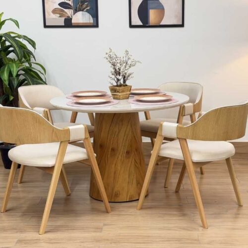 Mesa de Jantar Paris Circular 1.10x1.10 c/4 Cadeiras Pérola Concha - Cinamomo/Off White/Bege Linho