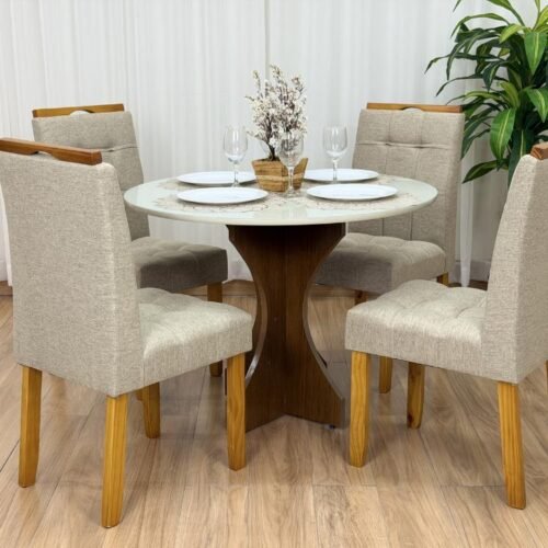 Mesa de Jantar Siena Circular 1.00x1.00m c/4 Cadeiras Londres - Cinamomo/Off white/Bege Linho