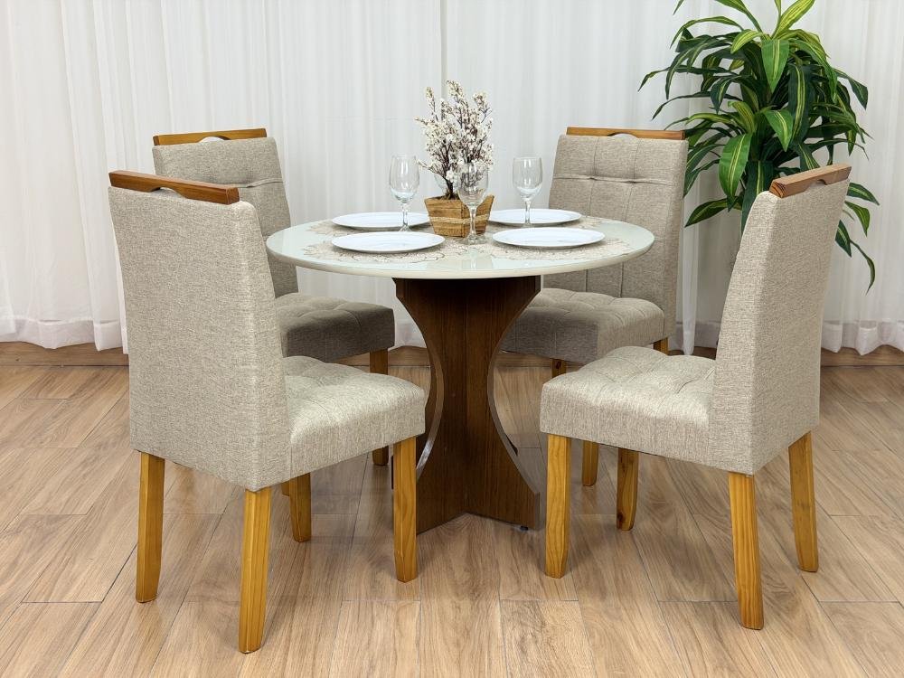 Mesa de Jantar Siena Circular 1.00x1.00m c/4 Cadeiras Londres - Cinamomo/Off white/Bege Linho