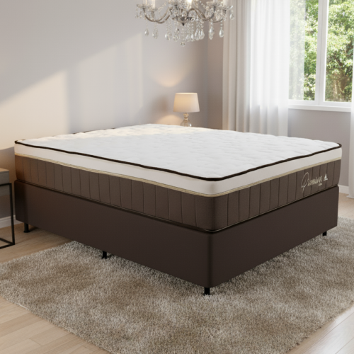 Colchão Casal Rondopremium 32 cm D33 Molas Ensacadas + Base Simples Corino Marrom – RONDOMÓVEIS + BIOSTAR