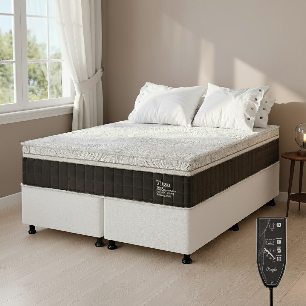 Colchão Queen Massageador Titan/Thor 34 cm D28 Molas Ensacadas + Base Box Simples Corino Branco – VIERO + ALTO NÍVEL
