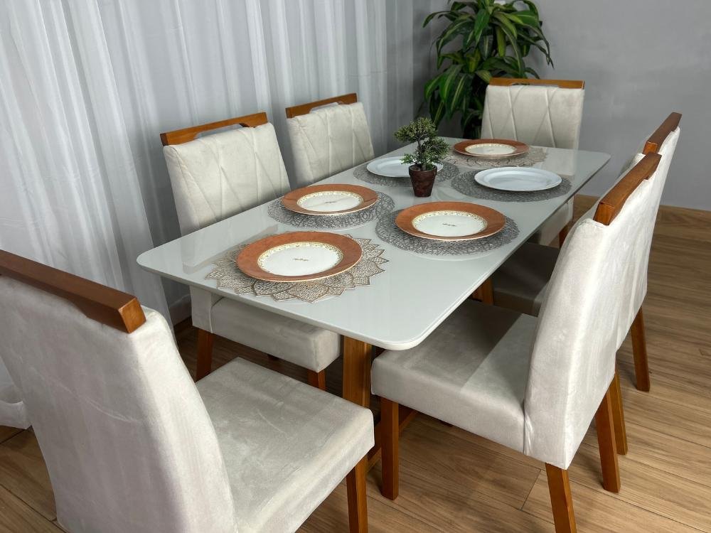 Mesa de Jantar Bali 1.60×0.80 Com 6 Cadeiras Isa – Cinamomo/Off White/Bege Veludo - Imagem 7