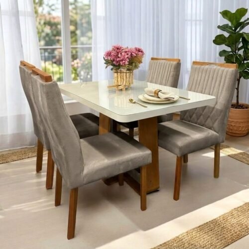 Mesa Sintonia (Tampo Maxi) 120 Amêndoa Clean/Off White com 4 Cadeiras Gênova Veludo Bege Capuccino – LOPAS + ART ASSENTOS