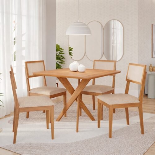 Mesa Cacau 95 (S/Vidro) Madeira/Off White com 4 Cadeiras Encanto Linho Bege – CIMOL