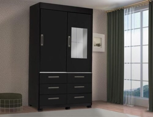 Guarda-Roupa Buzios 2 portas de correr com espelho 6 gavetas - Preto